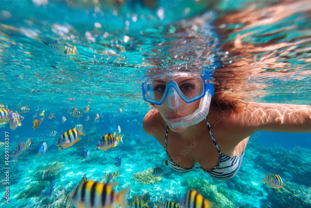 Naklejka premium Snorkeling woman in striped bikini swims with tropical fish in clear blue ocean water