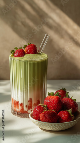 photorealistic, vibrant, smooth, layered matcha strawberry iced latte in a sculpted glass, clear glass with ribbed/fluted design, pale green matcha layer over a layer of creamy milk, strawberry puree 