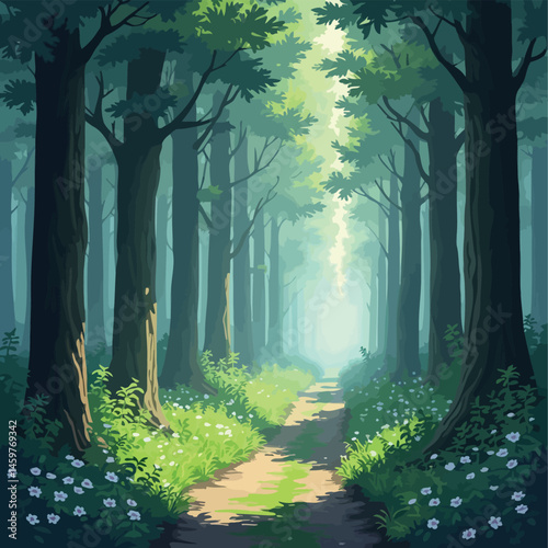 Misty Anime-style Vector of a Dense Forest Path with Sunlight Filtering Through the Trees