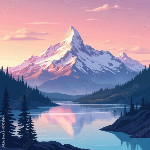Serene Anime-style Vector of a Mountainous Sunrise Reflecting on a Lake