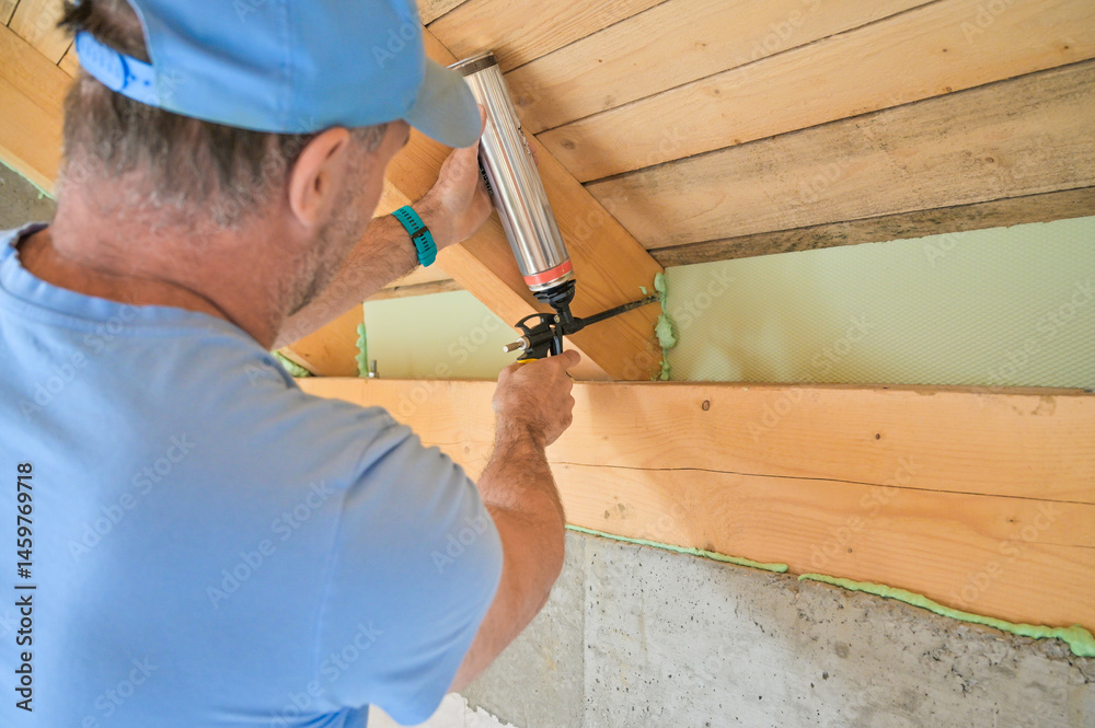 A man uses a caulking gun to apply insulation along a wooden beam in a home renovation project, highlighting the importance of energy efficiency and construction skills