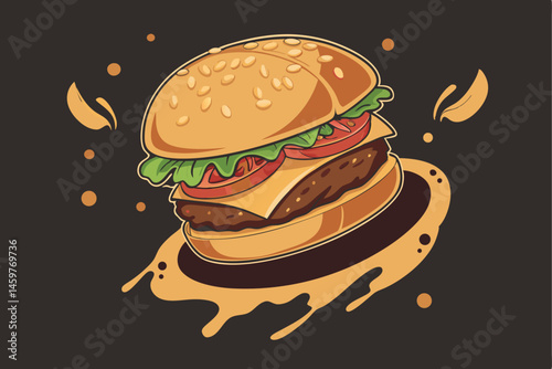 Juicy Cheeseburger Illustration with Sesame Bun