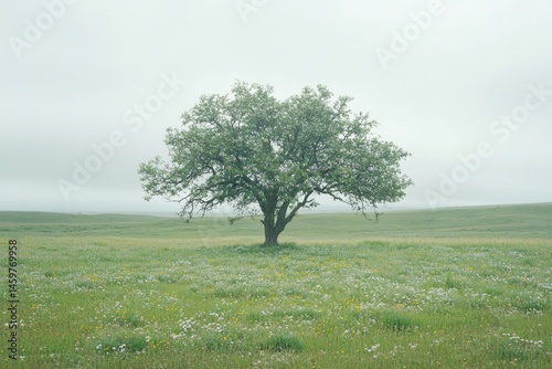 Solitary tree in a vast, grassy plain, veiled in a soft mist photo