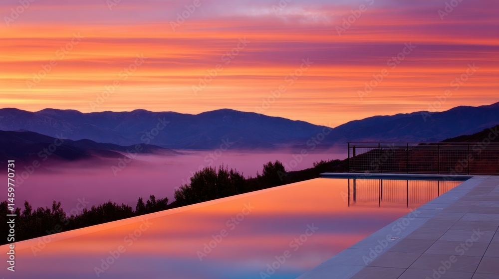 Fototapeta premium Serene sunset over a tranquil pool reflecting vibrant colors in a mountainous landscape