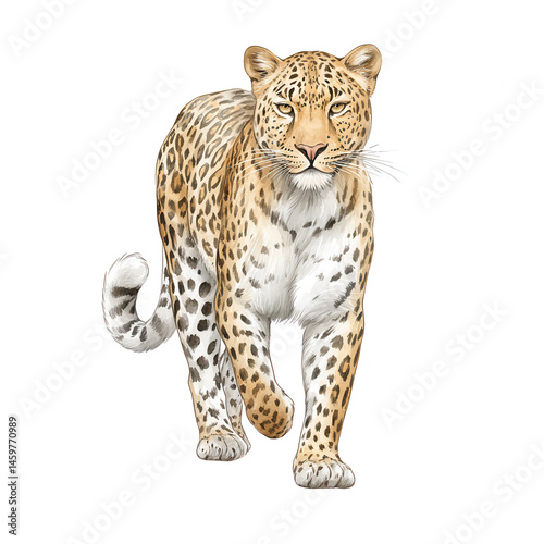 A detailed watercolor illustration of a striking leopard isolated on white.