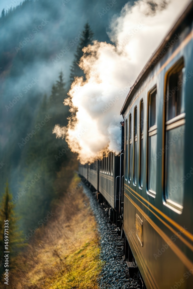 Fototapeta premium A vintage steam train travels through a picturesque landscape, billowing smoke amidst green mountains and fog, This image can be used for travel brochures, historical themes, and adventure stories,