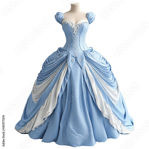 Elegant fantasy gown: Powder blue and white detailed bodice on a mannequin form