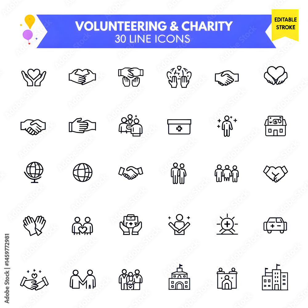 Volunteering and charity line icons set for donation and community service editable stroke vector design Volunteering and charity line icons set for donation and community service editable stroke vector design
