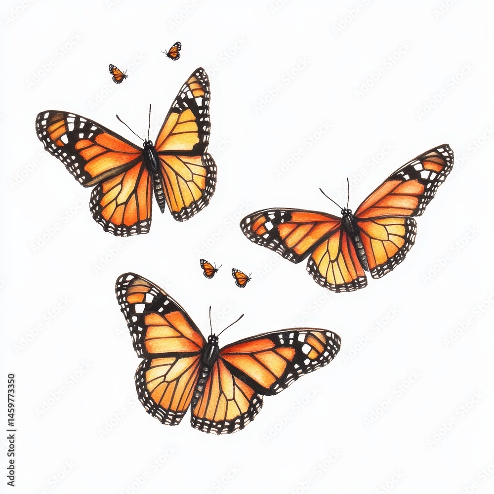 Fototapeta premium Beautiful Monarch Butterflies in Various Sizes on White Background, Perfect for Nature Illustrations and Educational Materials