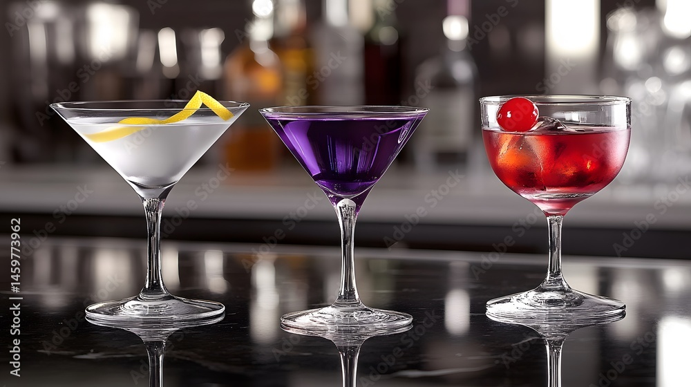 Three colorful cocktails displayed on a bar counter. Three colorful cocktails displayed on a bar counter.