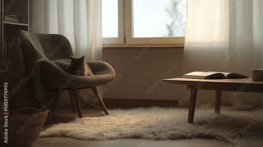 Fototapeta premium Cozy interior with armchair cat window curtains table and soft rug.