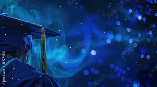 A blue graduation cap with a yellow tassel sits on top of a blue background