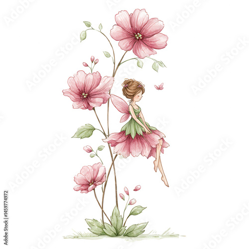 A delicate fairy sits gracefully upon a large pink flower with gentle leaves.