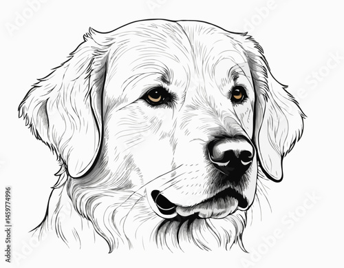 Intricate Line Drawing of a Golden Retriever Head, Detailed Vector Illustration Ideal for Breed-Specific Merchandise.