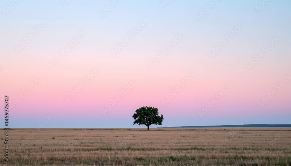 Obraz premium Sunset over a solitary tree in a golden field nature landscape photography tranquil environment wide-angle view serenity concept