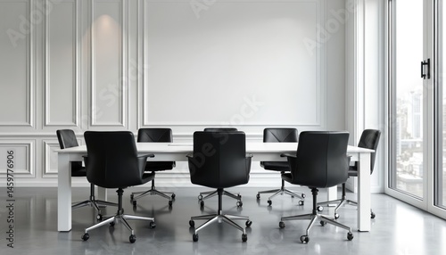Modern meeting room with white panel walls, large table, black leather chairs. Interior design office, corporate workspace, boardroom or conference hall. Urban modern design, minimalist style. photo