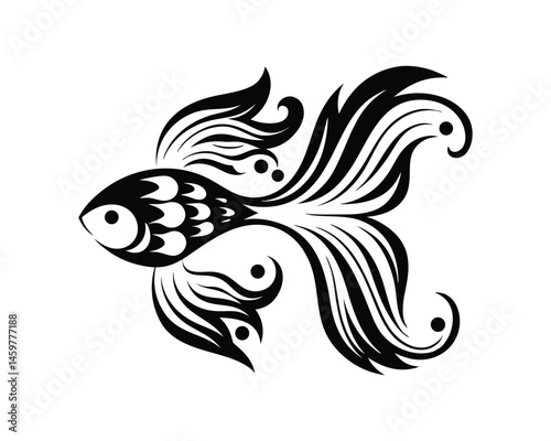 Black fish with ornate fins, ethnic tattoo style illustration on a white background