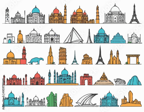Colorful Vector World Travel Landmarks and Tourist Attractions Icons Set for Tourism Websites and Mobile Apps.