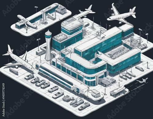 Isometric Vector Illustration of a Modern Airport Terminal with Airplanes, Passengers, and Vehicles for Game Development.