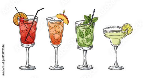 set bundle of colorful exotic refreshing cold cocktails PNG transparent background isolated graphic resource. Cosmopolitan, Margarita, Old fashioned, Mojito with citrus fruit and ice