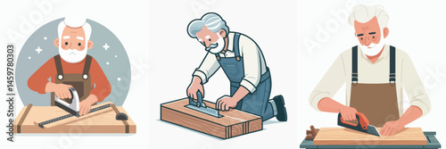 carpenter grandfather is cutting a board style vector flat design