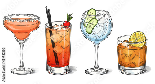 HD set bundle of colorful exotic refreshing cold cocktails PNG transparent background isolated graphic resource. Cosmopolitan, Margarita, Old fashioned, Mojito with citrus fruit and ice