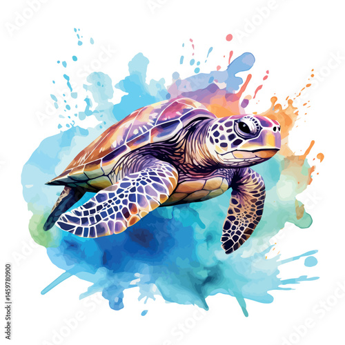 A cute cartoon vector illustration shows a green sea turtle swimming in the blue ocean water, a beautiful marine animal