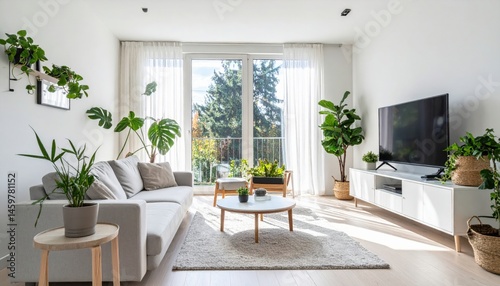 Cozy living room with lush greenery modern apartment interior design bright environment natural light serenity