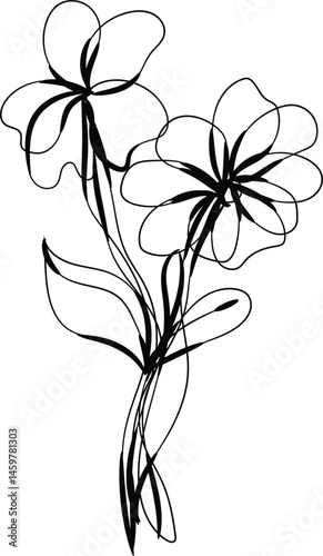 Abstract Line Art Drawing of Two Simple Flowers with Stem and Leaves