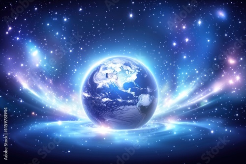 A luminous Earth surrounded by a cosmic backdrop, showcasing stars and galaxies in vibrant colors