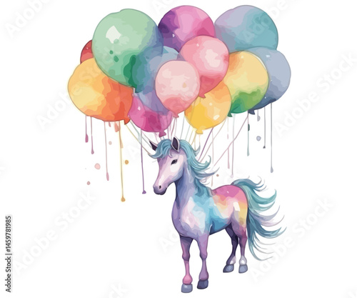 A happy birthday horse illustration with fun balloons for a child's party