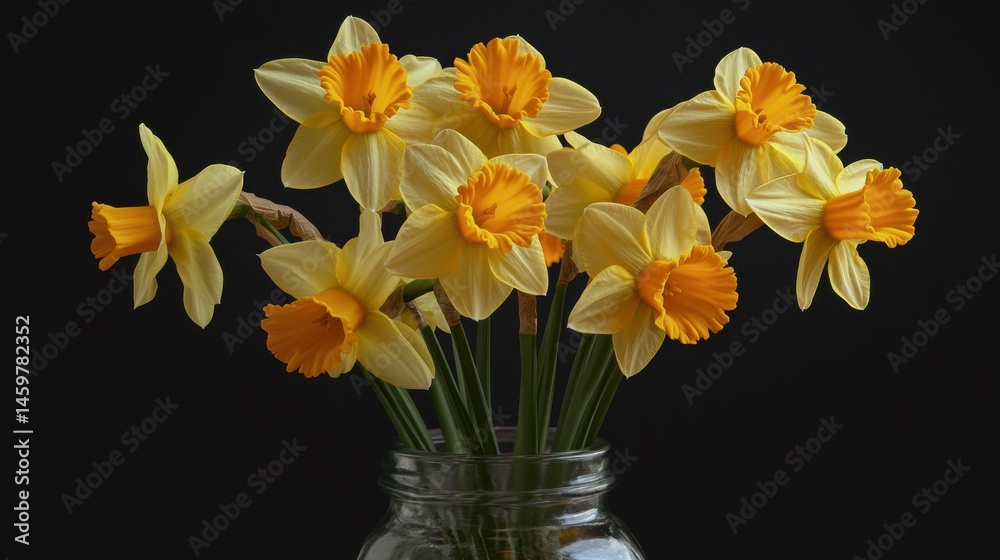 Obraz premium Bright yellow daffodils arranged in a clear glass jar