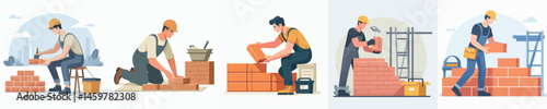 male builder laying bricks vector flat design style