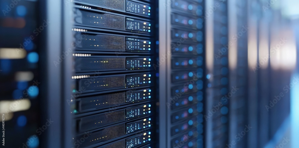 Close up of data center servers with indicator lights, highlighting secure network technology, ideal for IT infrastructure, performance systems, and innovation themes Close up of data center servers with indicator lights, highlighting secure network technology, ideal for IT infrastructure, performance systems, and innovation themes