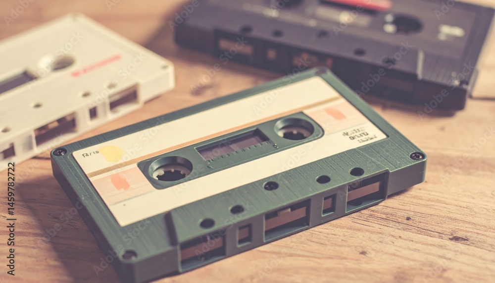 Fototapeta premium Close-Up of Vintage Cassette Tapes on Wooden Table with Soft Shadows and Faded Colors Creating a Retro Mood