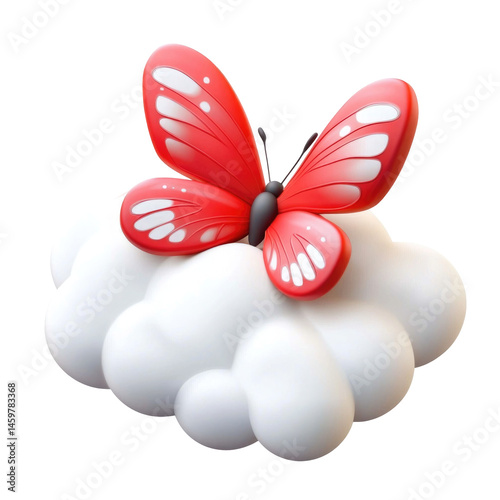 3D Cute Butterfly On Cloud Icon In Red And  isolated on a transparent background