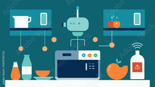 Digital Kitchen A kitchen with smart appliances displaying AIgenerated recipes based on user health data with ingredients neatly arranged for easy access.