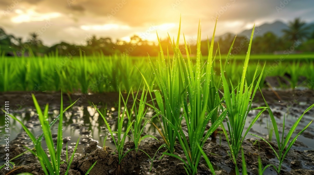 Obraz premium A paddy field with dew on it and the sun shining on morning view landscape