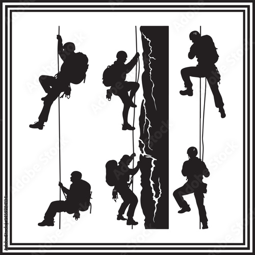 Rock Climber Silhouette Vector Set – 5 Rope Climbing Poses with Harness & Gear – Rappelling & Mountaineering Clipart for Adventure Designs