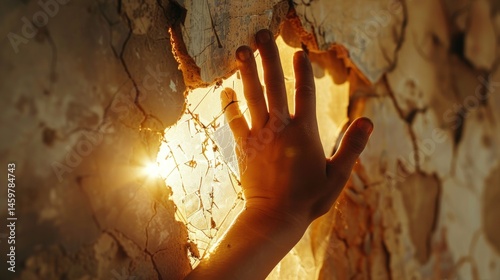 Hand reaching through broken wall