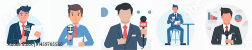 male journalist covering news with microphone style vector flat design