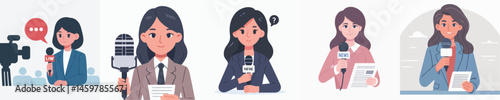 female journalist covering news with microphone style vector flat design
