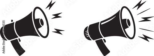 Two Black Megaphone Icon Vectors Announcing Loudly With Sound Waves Isolated On White