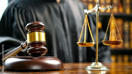 Judicial hammer and scales of justice in the courtroom