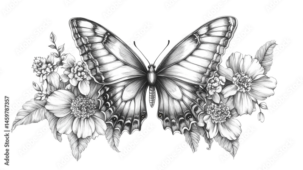 Intricate Ink Illustration of a Butterfly Surrounded by Flowers Intricate Ink Illustration of a Butterfly Surrounded by Flowers