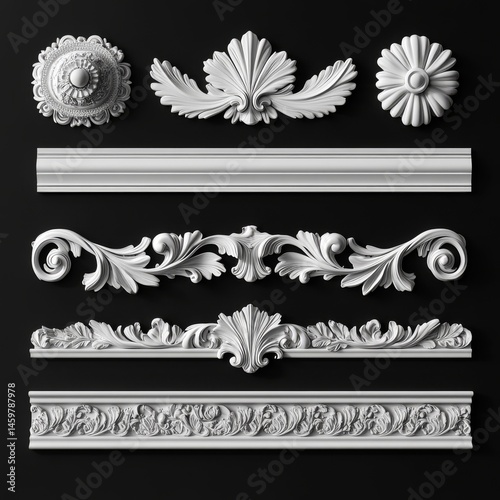 A solitary crown cornice trim frame for ceilings. A current decorative plaster stucco strip framed by a three-dimensional plinth pattern. A representation of a decor relief ledge border