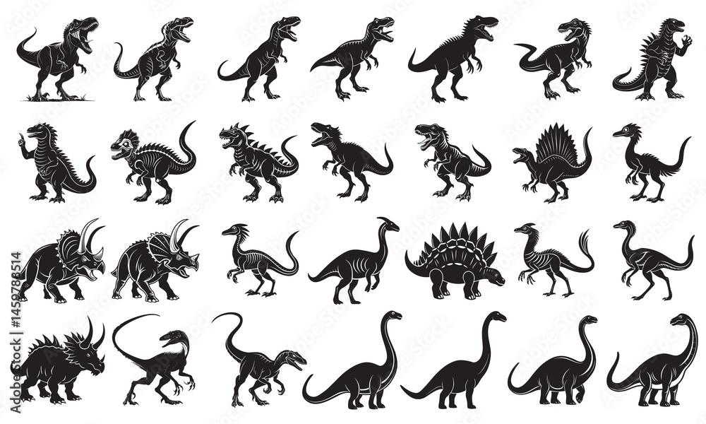 Set of Black Silhouette Dinosaurs in Various Poses – Vector Illustration
Set of Black Silhouette Dinosaurs in Various Poses – Vector Illustration