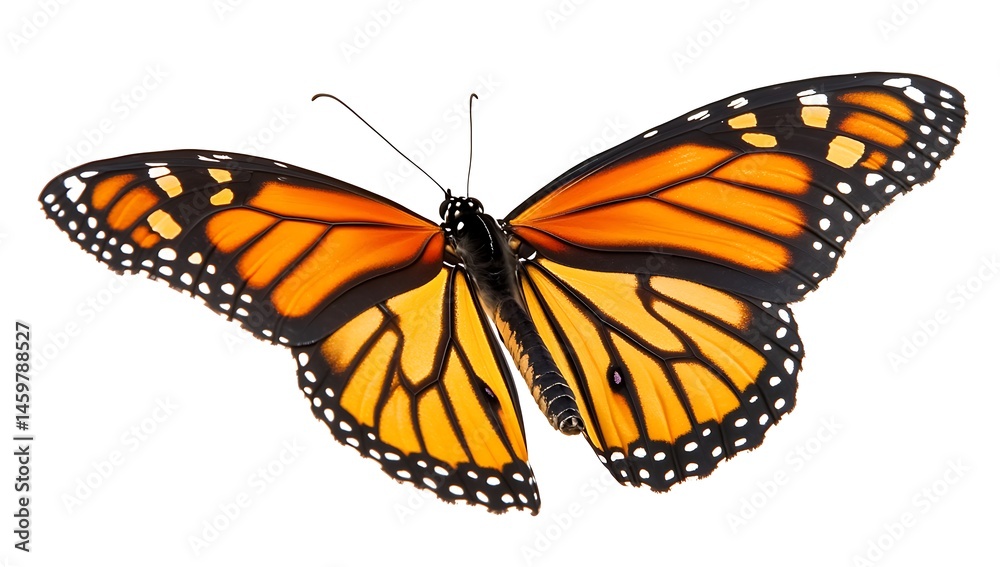 Fototapeta premium Monarch butterfly flying, isolated on a white background