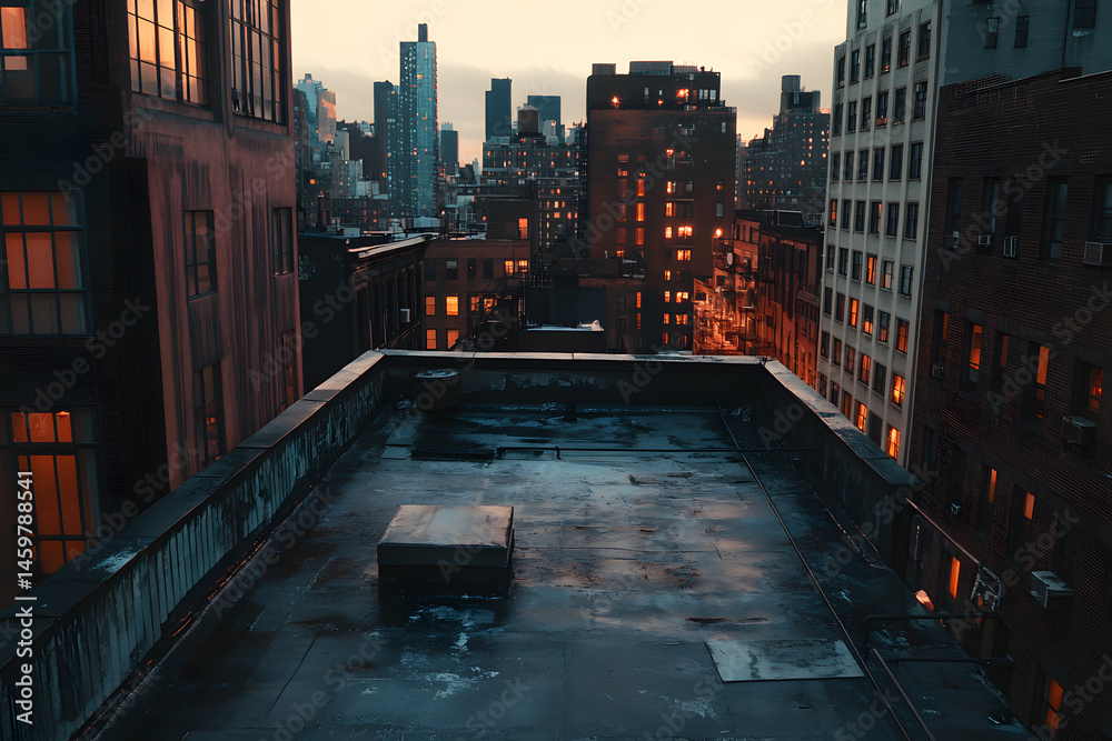 Obraz premium Dusk falls over a New York City rooftop with glowing windows and city skyline views
