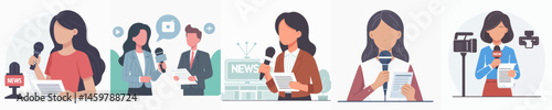 female journalist covering news with microphone style vector flat design